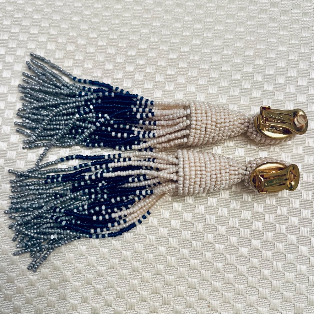 Oscar de la Renta Classic Long Tassel Clip-On Earrings - Cream/Navy/Silver - Picture 6 of 7